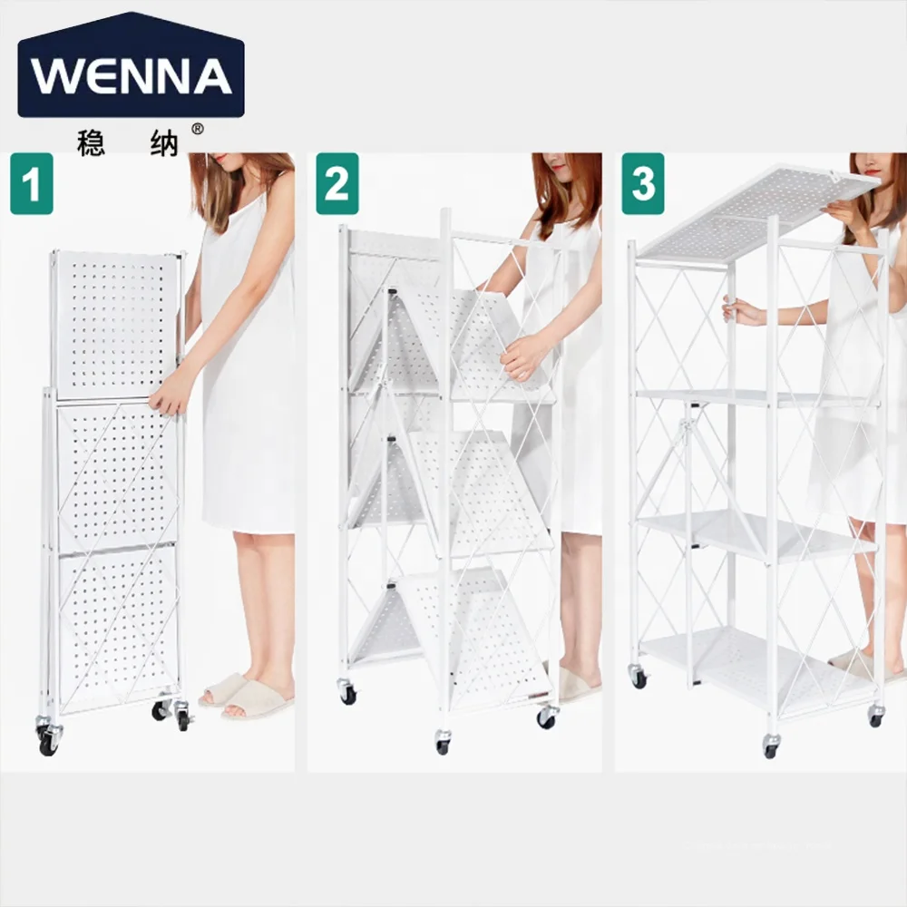 Black Metal Steel Collapsible Shelving Organizer Wire Rack Foldable Kitchen Storage Unit On Caster Wheels