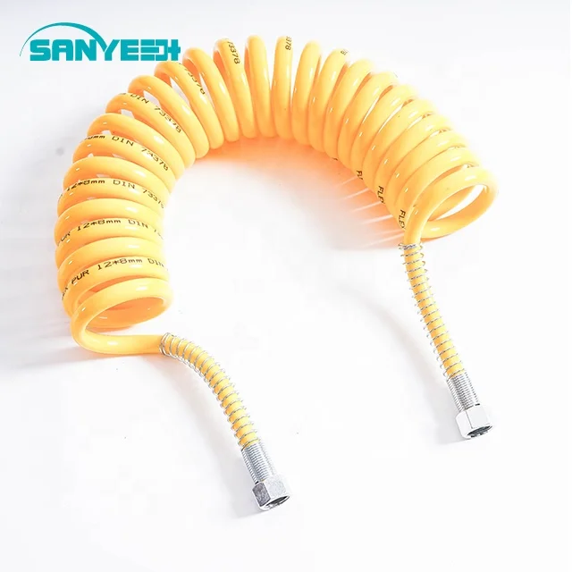 PU 12*8mm Yellow Trailer Service Spiral Line Air Coils Coiled Air Tube with Nuts