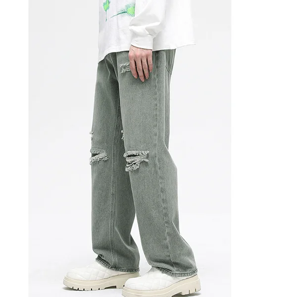 Custom Y2K retro baggy jeans green washed loose destroyed ripped wear holes solid jeans homme