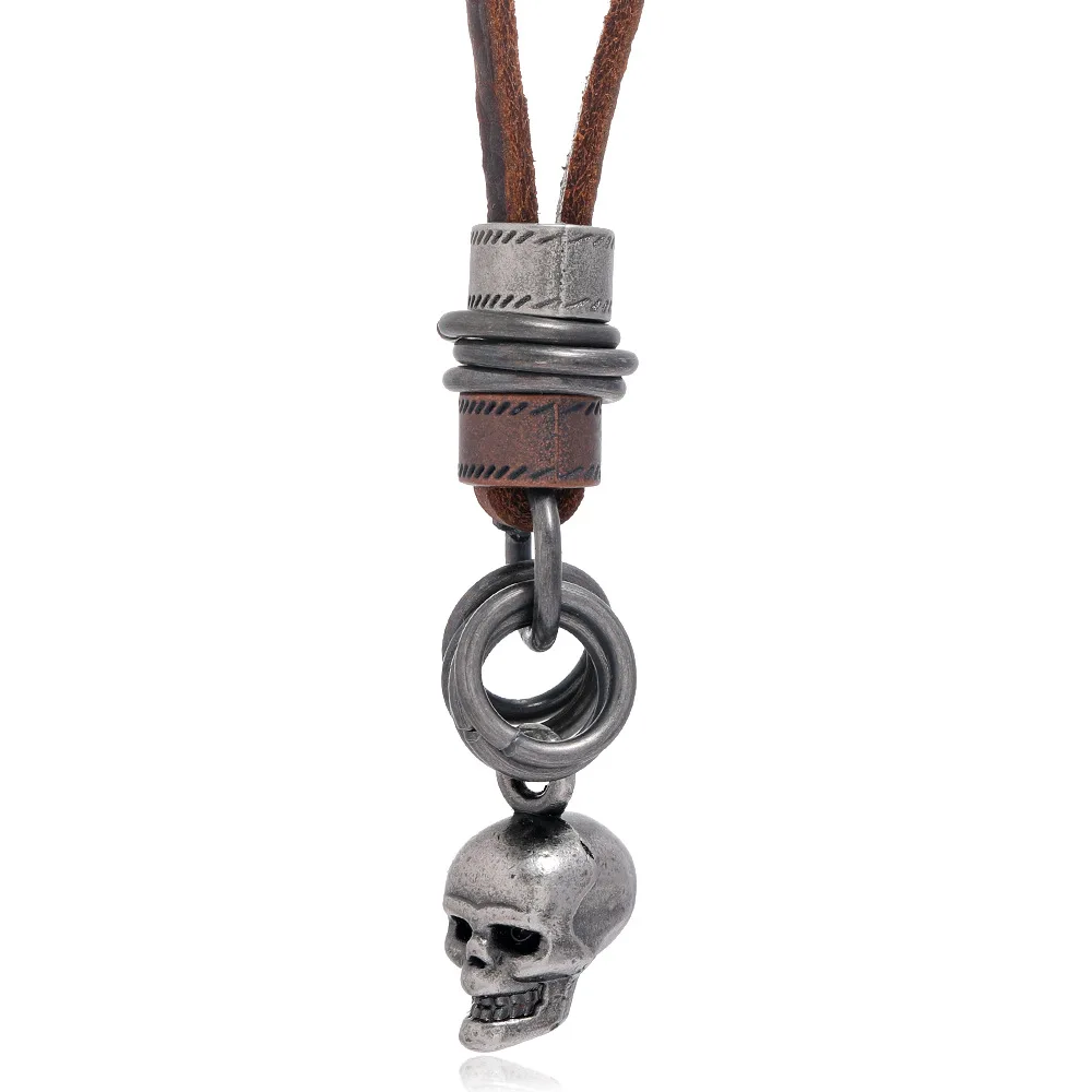Genuine Leather Cord Chain Jewelry Vintage Hollow Square Pendant Necklace Mens Charm Bronze Antique Necklace Size Adjustable