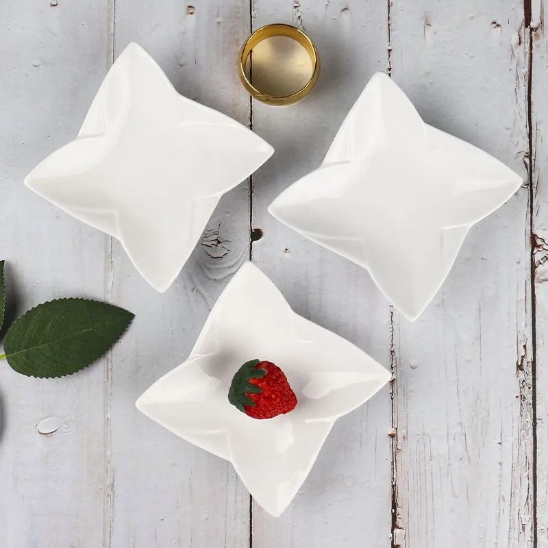 Hotel Restaurant Serving Dishes Sets Ceramic Snack Salad Fruit Appetizer Plate Flower Square White Porcelain Plate