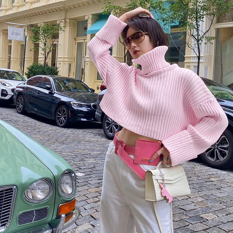 Осенне-зимние новые женские свитера с высоким воротником вязаные укороченные свитера уличная одежда Розовые Желтые Повседневные женские пуловеры
