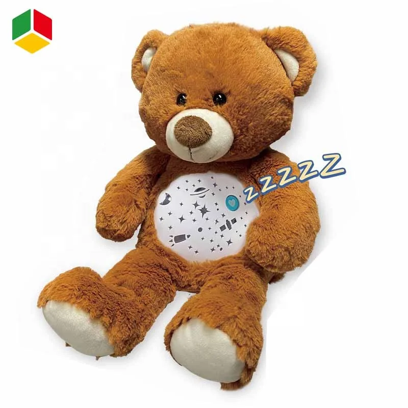 QS OEM Soft Stuffed Toys Animal Bear Electric Projection Baby Sleeping Plush Dolls With Music Lights