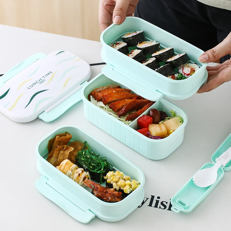 Food Grade Material 2 Layer Food Container Student Lunch Box Plastic Bento With Spoon