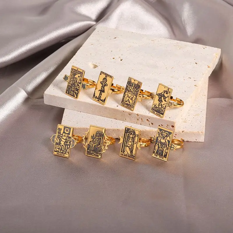 18K Gold Plated Vintage Heart Ring Retro Opening Rings Astrology Divination Magic Amulet Tarot Cards Rings