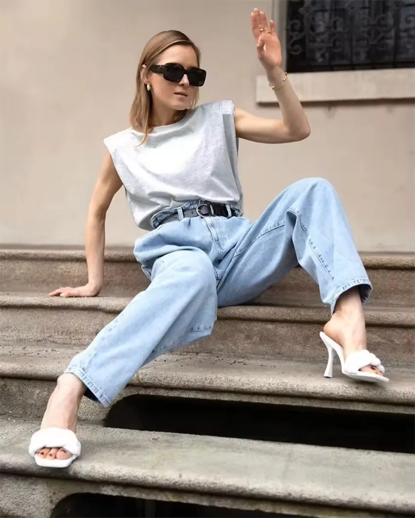 Short Sleeves Padded Shoulder T Shirt Elegant Casual Women T Shirt Wholesale High Quality Cotton Jersey Print Pattern Knitted