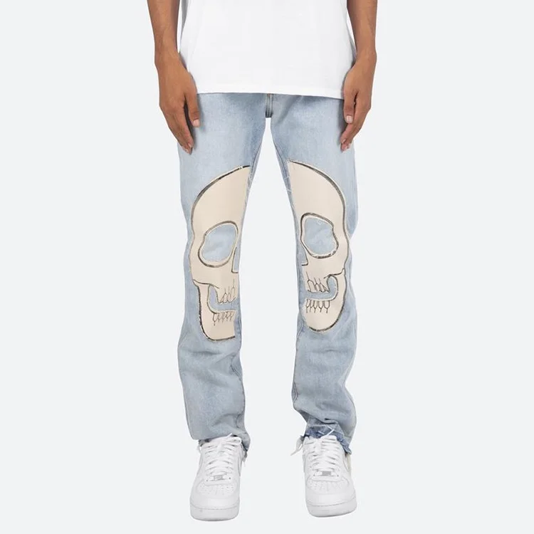 Custom stacked streetwear skull print 100% cotton light blue non-stretch straight loose fit denim jeans for men