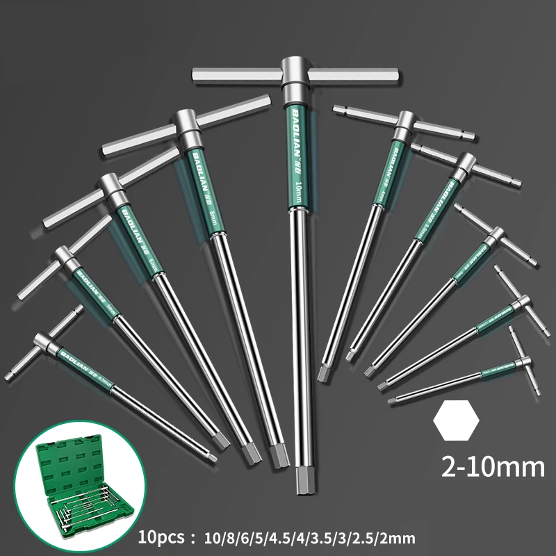 10Pcs Multi Purpose T-Handle Hex Allen Key Wrench Sliding Rod  Wrench AUTO Repair Tool Box Set 2-10mm