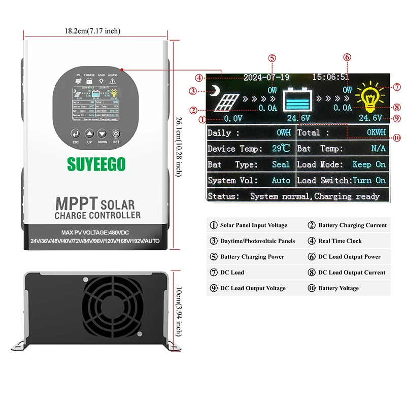 Solar Energy System 24v To 192v 60A Regulator Controllers PV Input Voltage 480VDC Auto Mppt Solar Charge Controller LCD Display