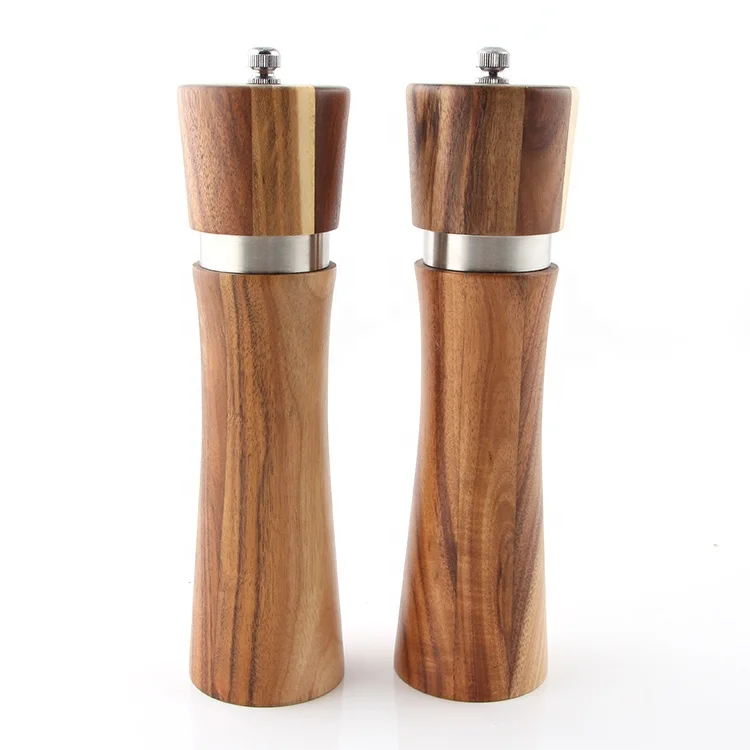 manual acacia wood salt and pepper mill set with ceramic grinder, 2 pieces mini wooden salt and pepper grinder set