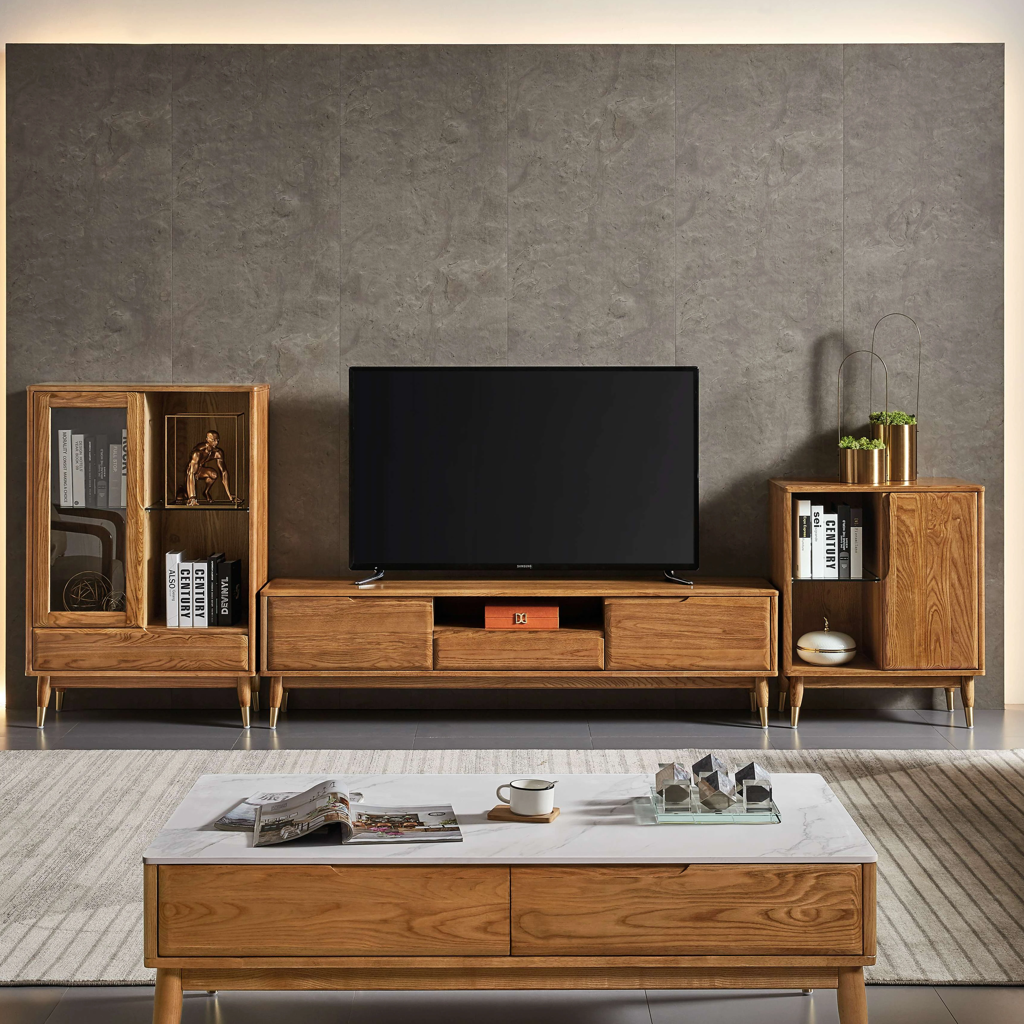 Современный дизайн, мебель для гостиной, деревянная ТВ-подставка с медными ножками