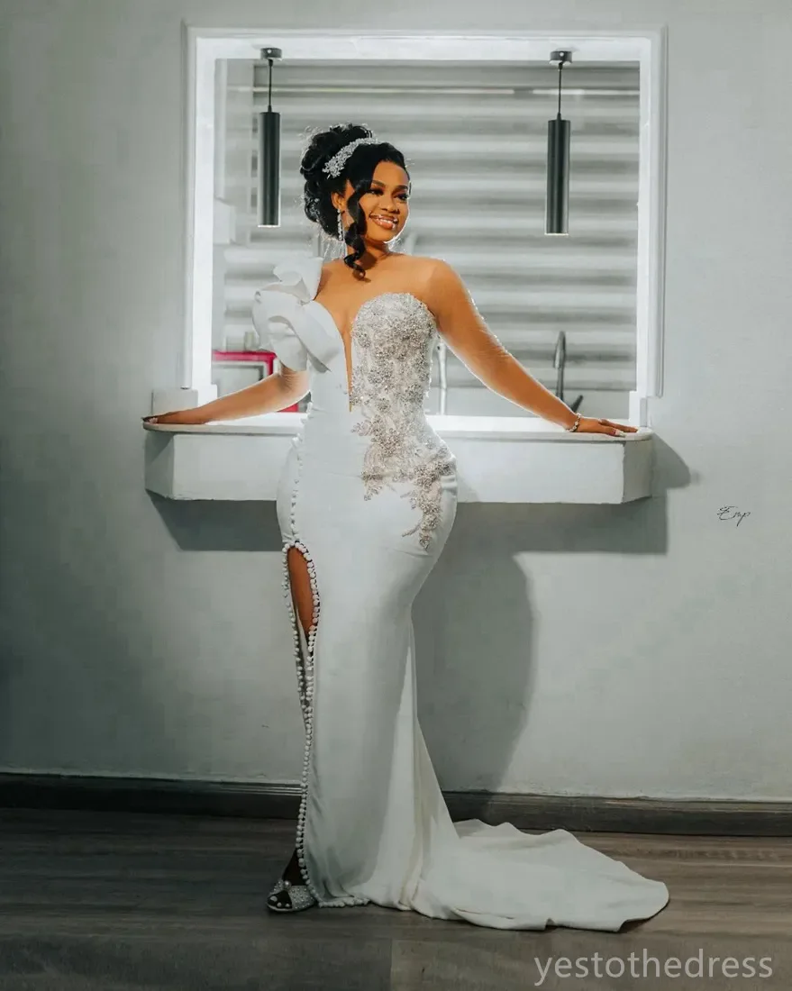 2024 Mermaid Wedding Dresses for Bride Illusion Neck Bridal Gowns Sheer Neck Side Split Beaded Sexy Bridal Wedding Gowns