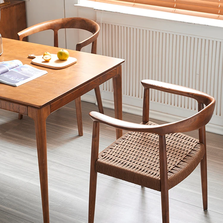 Nordic wooden rope restaurant dining chair modern rattan oka dining room chairs with arms