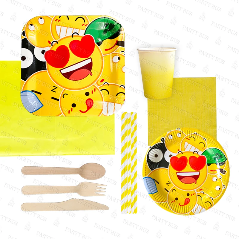 Partybus Yellow Emojis Degradable Disposable Paper Plates and Cups Wooden Cutlery Dinner Party Tableware