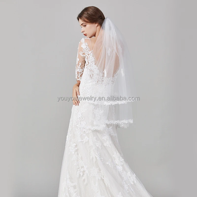 Wholesale Two-Layer Church Cathedral Long Bridal Veil Soft Tulle Embroidery Flower Wedding Veil With Comb