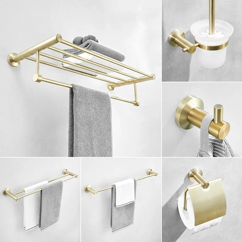High quality Hotel wall mounted  towel bar Stainless steel sus304 towel rack Brushed gold bathroom accessories set