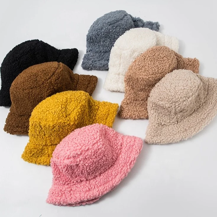 New Arrive Women Hair Accessories Winter Warm Flat Top Hats Plush Bucket Cap Faux Fur Hats for Girls