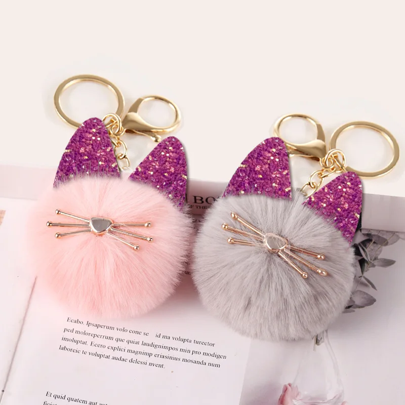 pink pom pom keychain cute glitter cat ears shaped plush fluffy fur ball keychains for girls