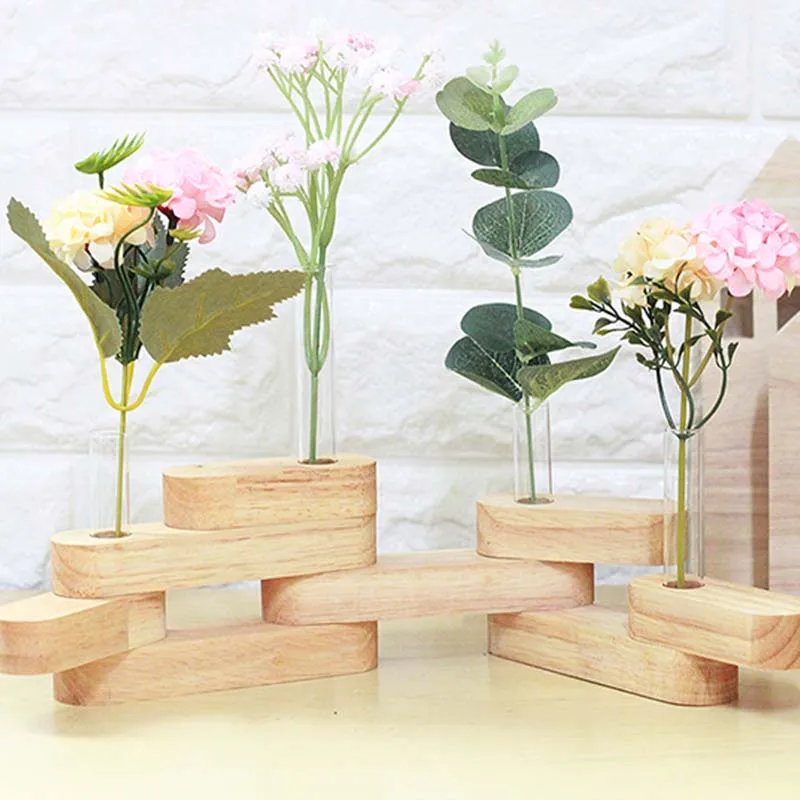 Nordic Home Decor Transparent Flowers Test Tube Vase With Wooden Stand