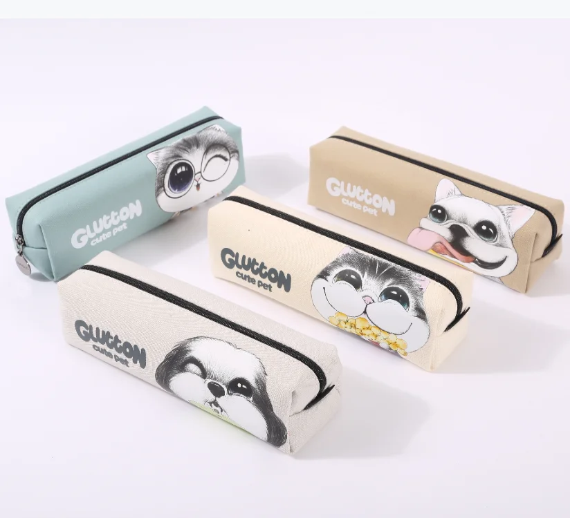 Fancy Dog And Cat Cartoon Pattern  Custom Logo Kids Back To School Office Square Triangle Canvas Pencil Case Bag