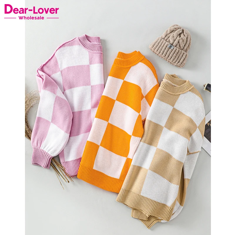 Dear-Lover OEM ODM Custom Wholesale Fashion New Winter Crew Neck Pullover Checkered Knit Women Oversized Sweater