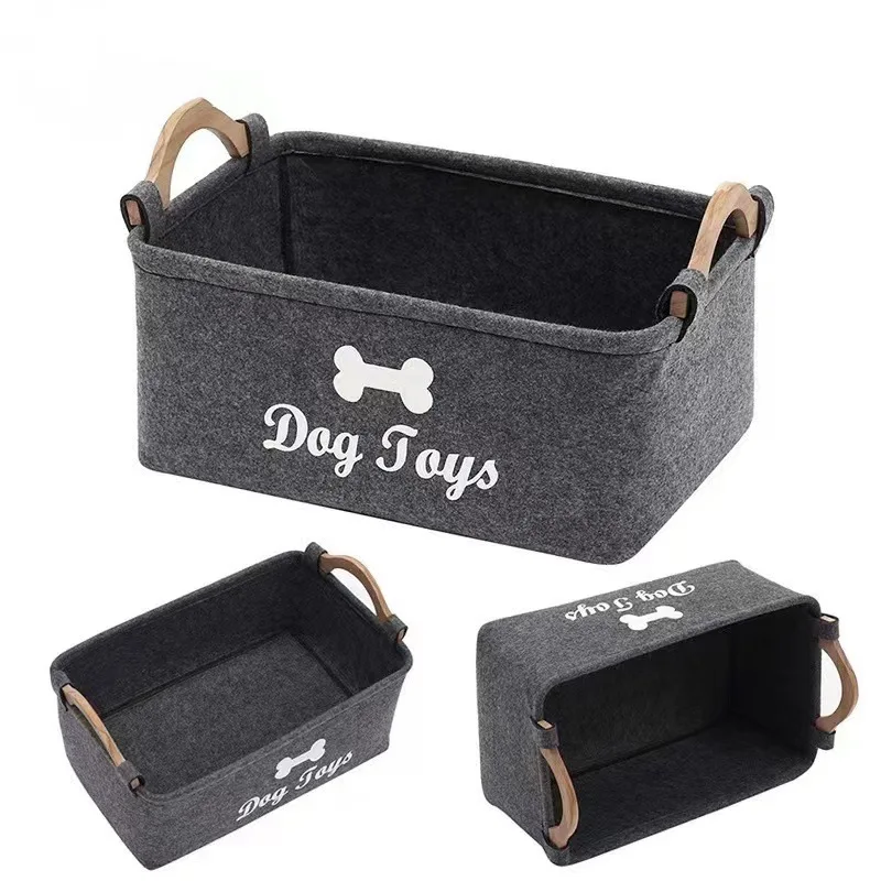 Huasheng Cute Felt pet Toy Box and Dog Toy Box Felt Storage Basket with Wood Handle