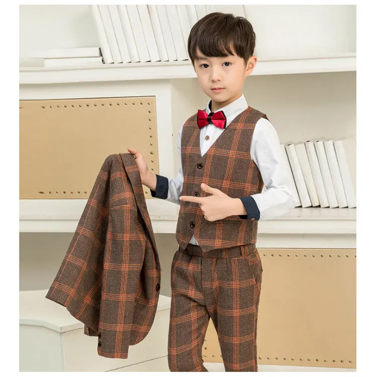 Kids formal dress wedding party suit 4 pcs plaid suit for boys