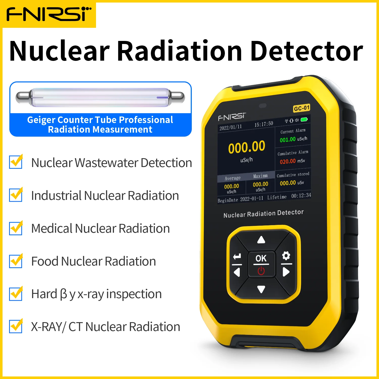 FNIRSI GC-01 Geiger Counter Nuclear Radiation Personal Dosimeter Detectors X-ray Beta Gamma Detector Radioactive Tester