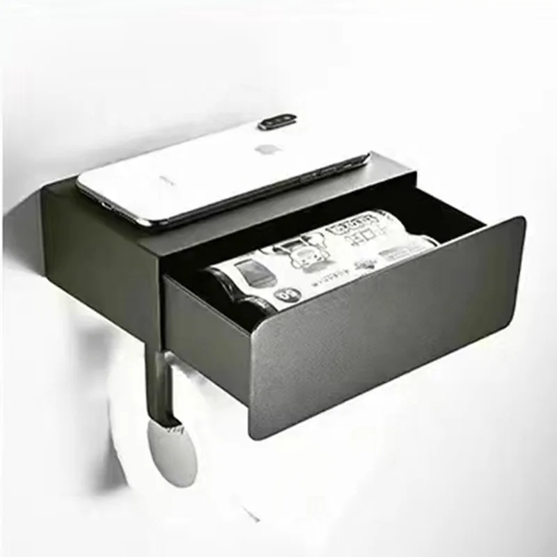 Black  Metal Stainless Steel Phone Shelf Lid Storage Box Toilet Paper Roll Holder with drawer