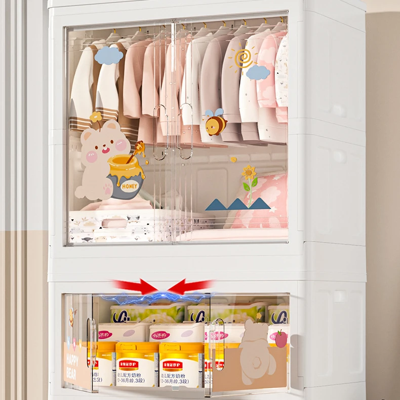 75cm plane width folding plastic wardrobe with hanger baby clothing storage bin with side opening doors and wheels free-installa
