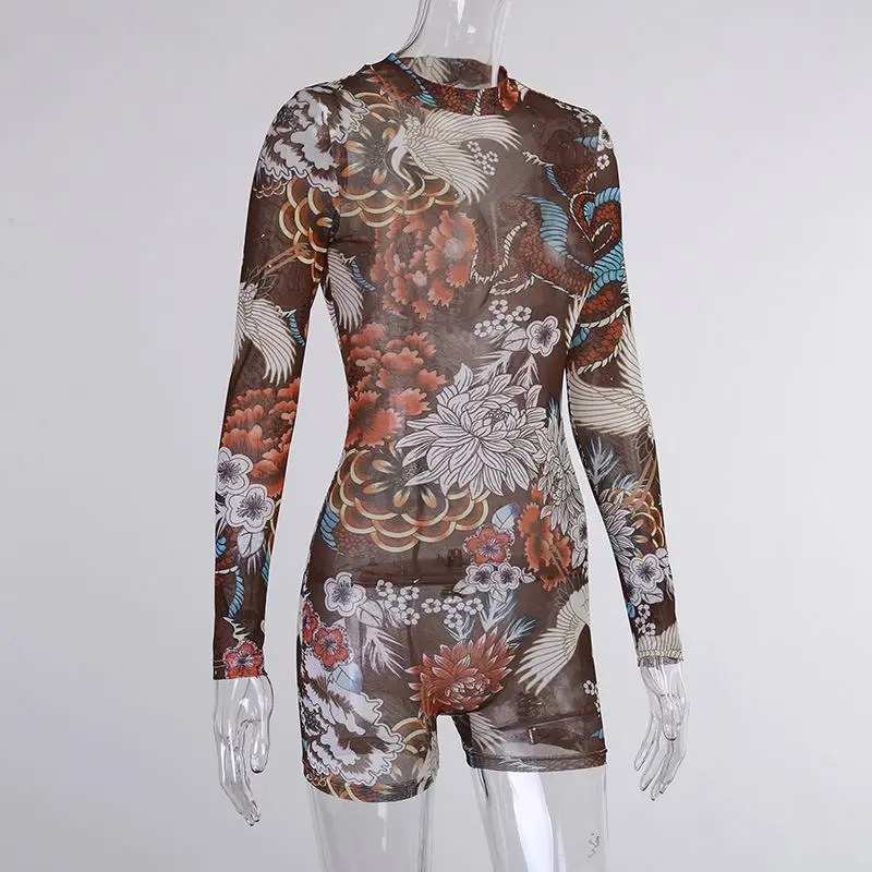 
X00119D printed cuff with brown temperament long sleeves jumpsuit 