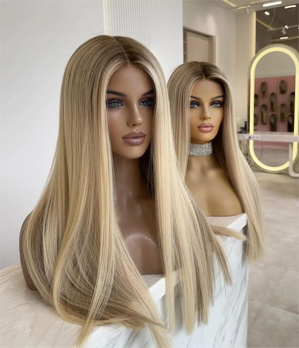 Premium Cool Ashy Blonde Silk Straight Human Hair Luxe Lace Top Wig With Realistic Scalp HD Front for Women Loss