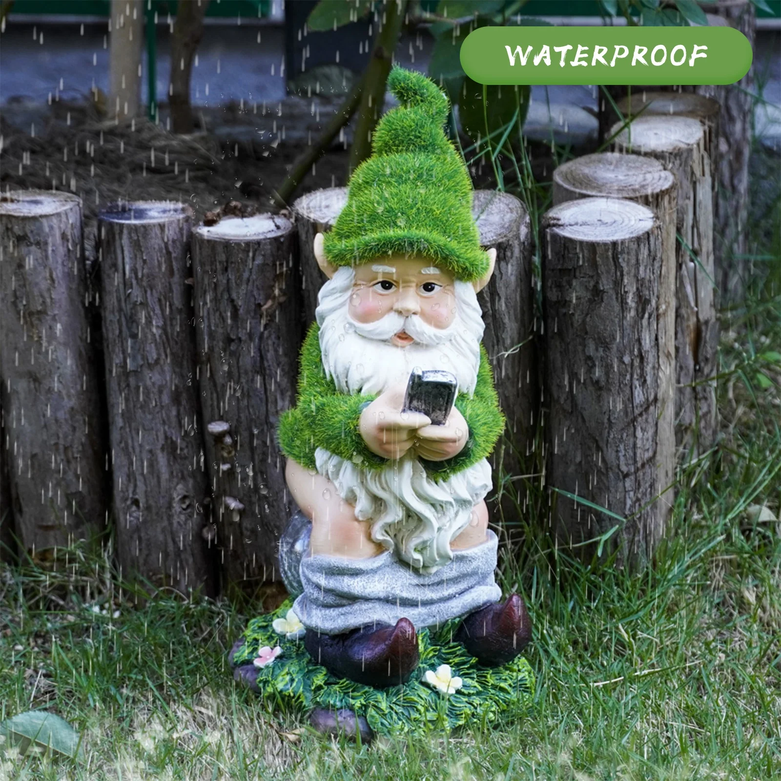 garden decoration flocked artificial moss Resin dwarf gnome statue with Mobile sitting on a glass ball with solar light