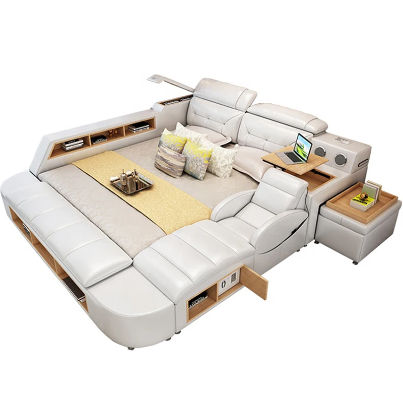 Smart Bed Royal Style Sleeping Multifunctional Massage Bed King Size Modern Leather Fabric Tatami Bedroom Bed CELB003