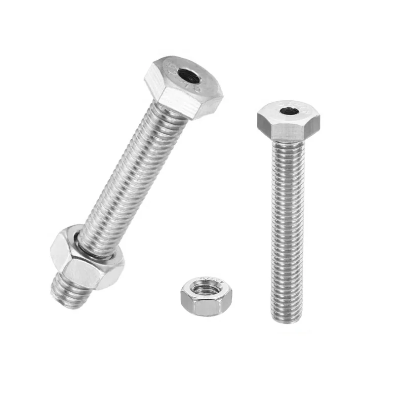 SS 304 M8 Hollow External Hex Bolts Cylindrical Lamp Threading Socket Screws Through Hole Bolts with Nuts
