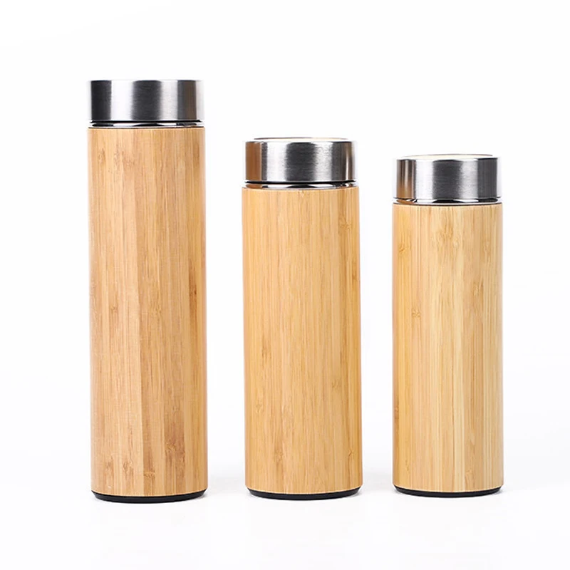 Wholesale Custom Print Double Wall Insulated Bamboo Water Bottle Stainless Steel Wood Bamboo Coffee Mug with Lid