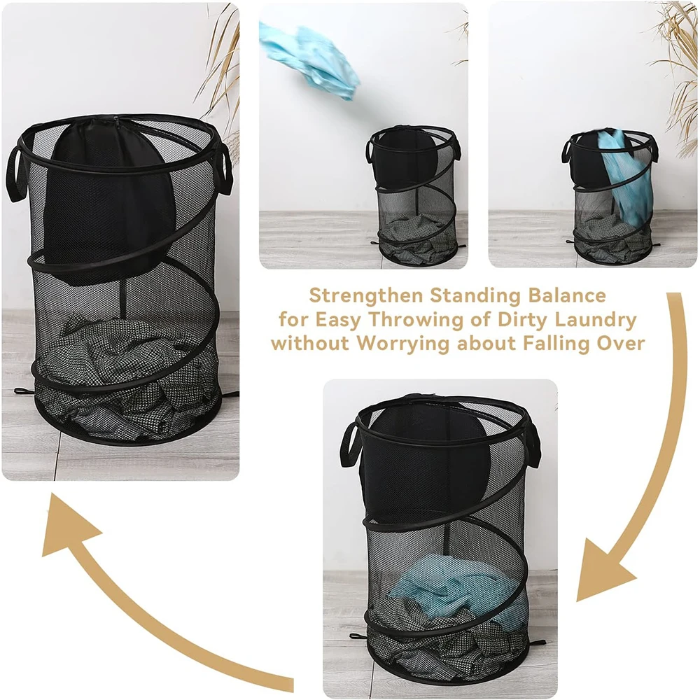 Laundry Hamper Wholesale Round Laundry Baskets Polyester Mesh Steel Storage Organizer with Lid