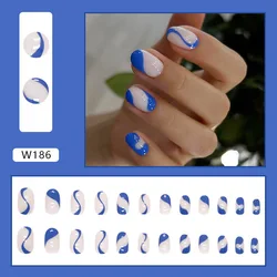 wholesale new arrive 3D blue stripe ABS manicure for summer simple fresh short round press on false nails for summer