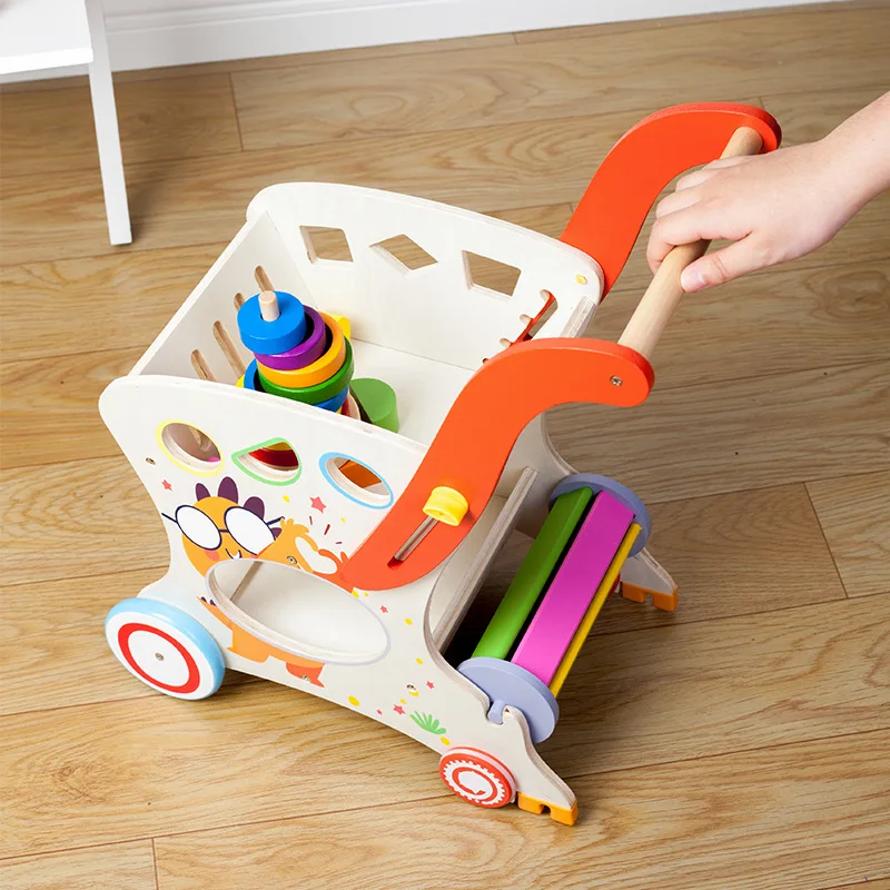 Wooden Baby Walker Push and Pull Doll Stroller Shopping Cart Learning Walker for Boys and Girls Sit Stand Toy forToddler