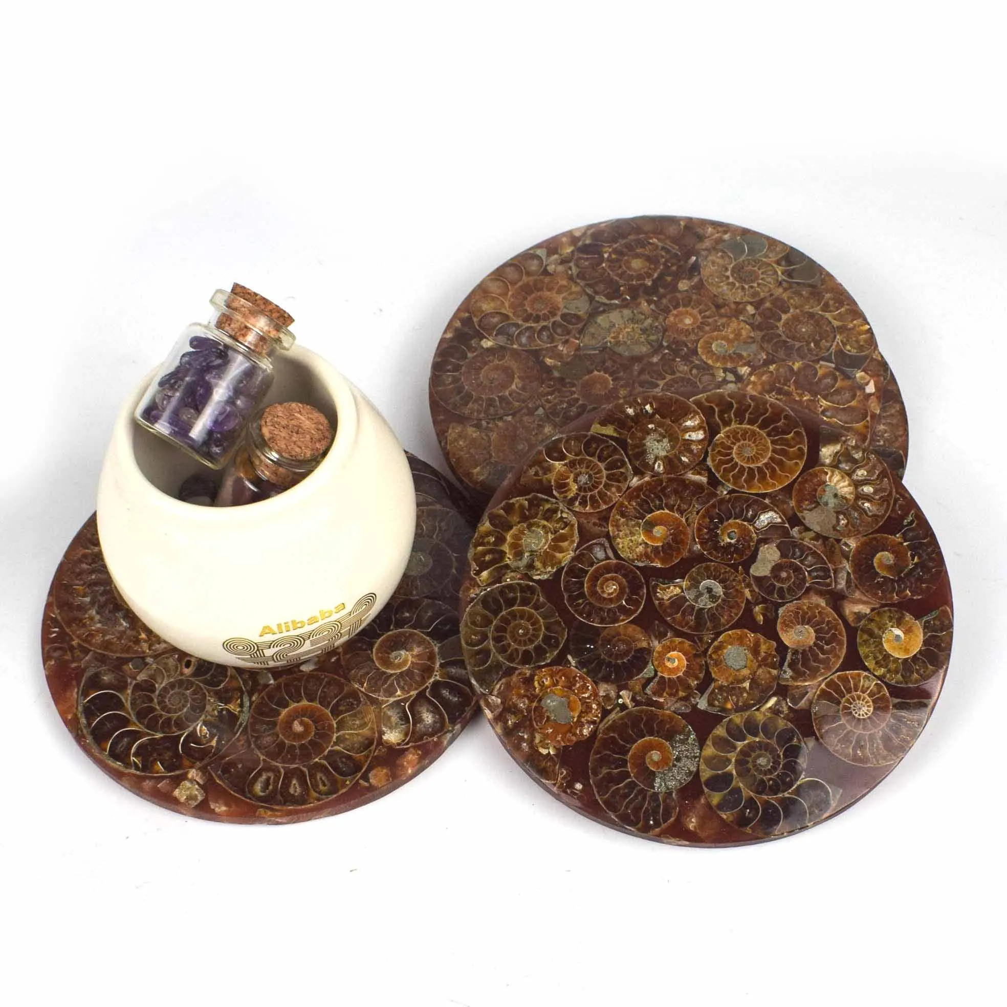 Wholesale Natural Crystals Ammonite Teacup Mat Polished Fossil Plate For Decoration