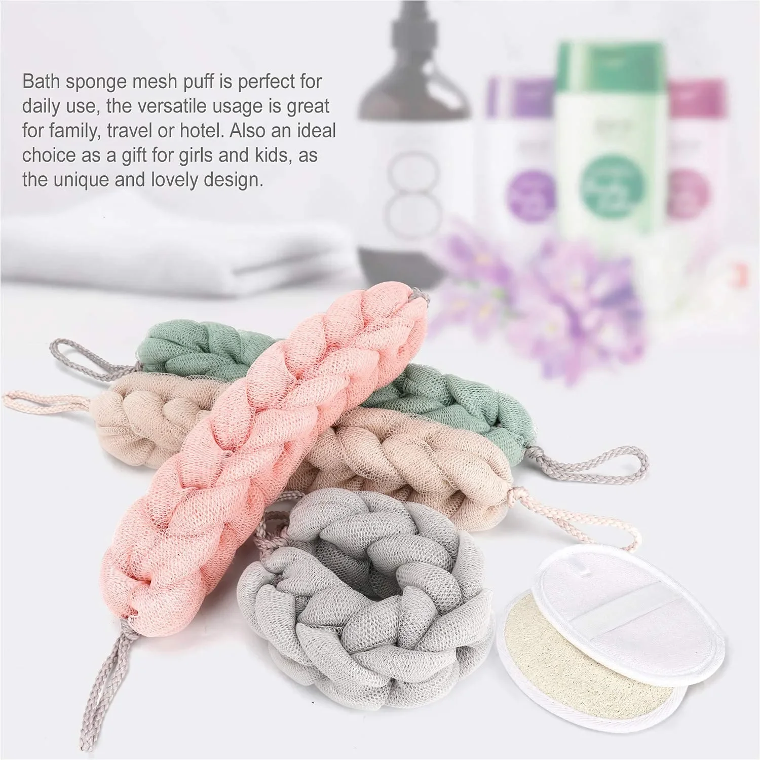 Long Stretch Back Sponge With String Handle Back Scrubber Bath Sponge Loofah Exfoliating Stretch Woven Loofah