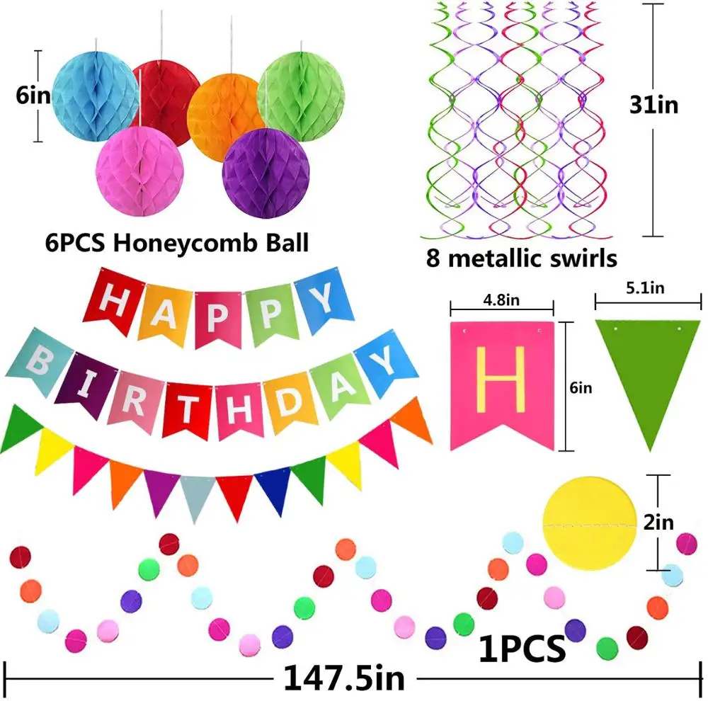 Happy Birthday Banner with Colorful Paper Flag Bunting Paper Circle Confetti Garland Swirl Colorful Happy Birthday Decorations