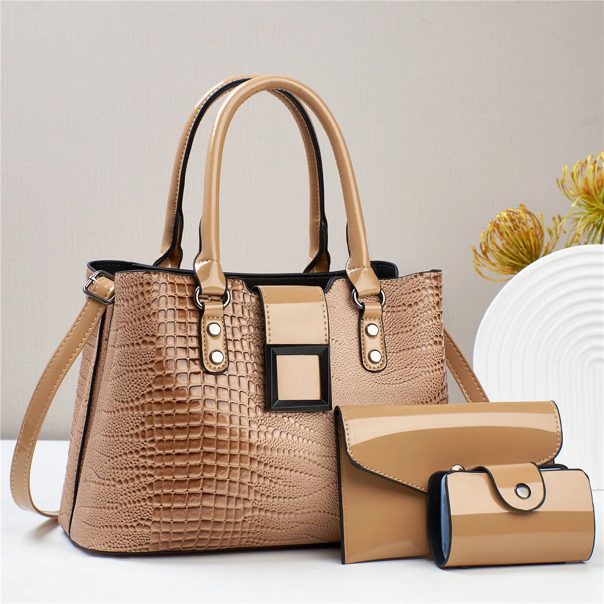 New High Quality Crocodile pattern PU Leather Handbags for Women Ladies Shoulder Bag   Luxury Large Fashion Solid color Tote Bag