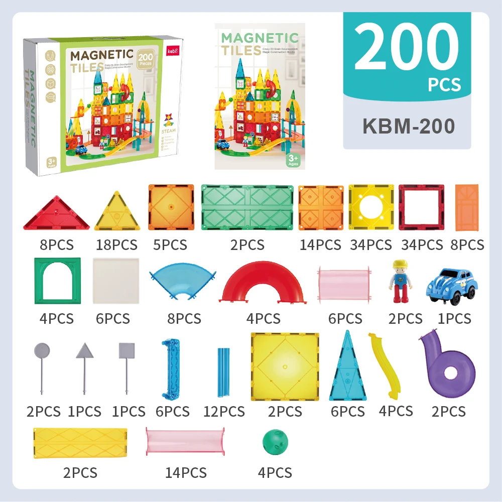 KEBO 200pcs 3 in One 3D Colorful Tiles Educational Magnetic Tiles Toys for Kids