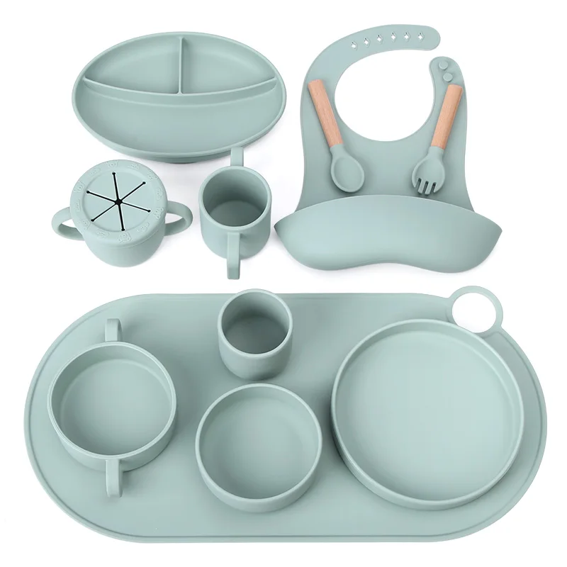 Factory Kids Tableware Feeding Set Baby Silicone Sippy Cup Placemat Bib Dish Suction Baby Silicone Bowl Plate With Spoon