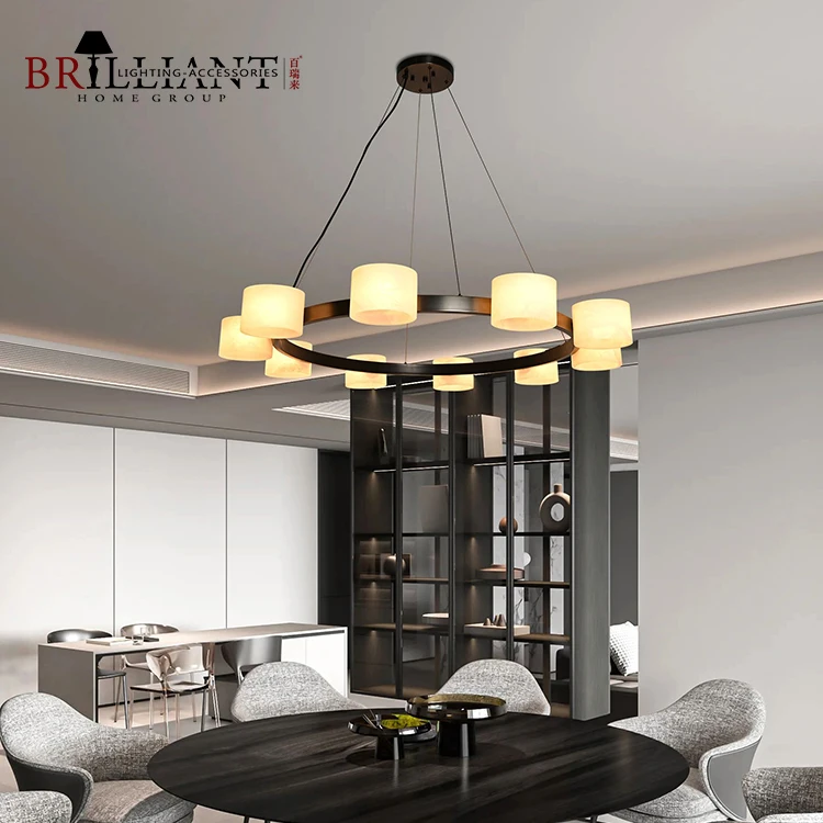 Living Room Dining Room Steel Round Ring Pendant Light 10 Heads Alabaster Marble Cylinders Lampshade Chandelier