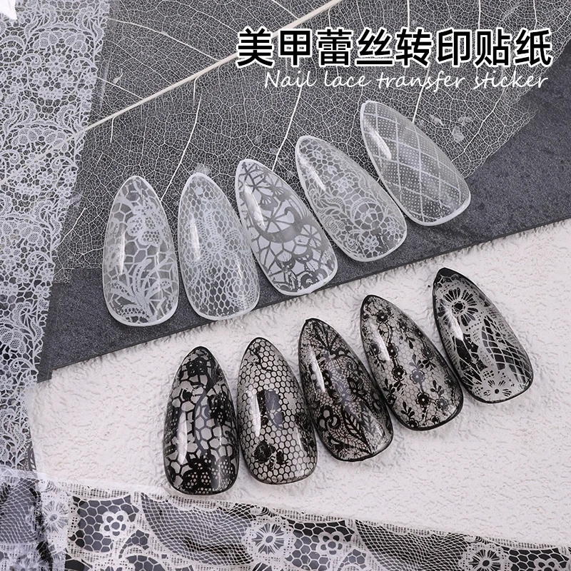 Hot sale nail art lace transfer foil nail lace stickers nail black and white lace foil 4*100cm