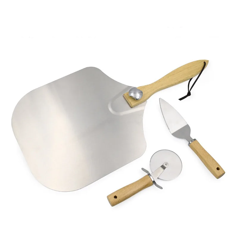  3Pcs Aluminum Pizza Peel Set With Wooden Handle Cutter Stone