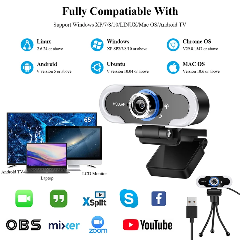 Newest HD Web Camera, Touch Control Brightness Adjustment Auto Focus USB Camera With Microphone For PC Laptop 2K Webcam