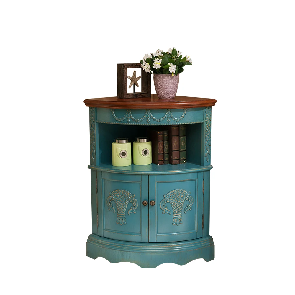 
Wood craved side Storage 2 Doors Wooden mini bathroom floor Blue storage cabinets 
